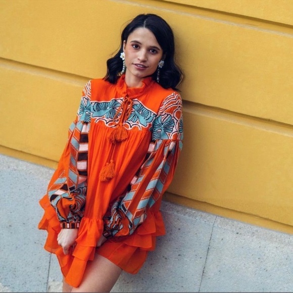 Iris Apfel X H&M Flounce Embroidered Tunic Dress Orange - Picture 6 of 11